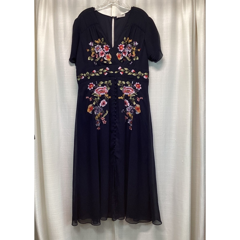 Hope & Ivy Navy Blue Floral Embroidered Maxi Dress V-Neck Short Sleeve Size 18